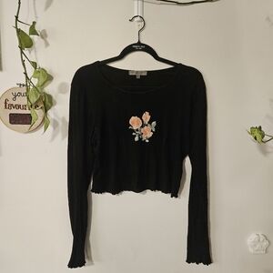 Truly Madly Deeply Black Crop Top with Lettuce Trim & Floral Design